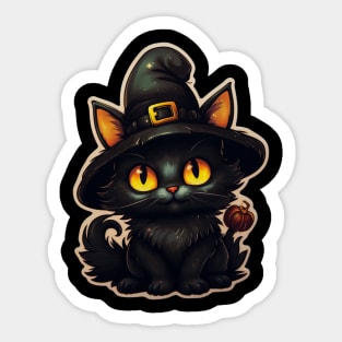 Black Cat In Witches Hat - Black Cats Spooky Halloween Sticker